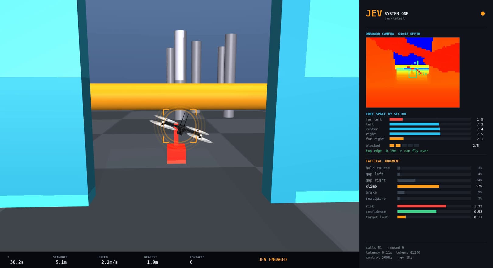 Drone threading the gap between two cyan gate shutters while following the red rover