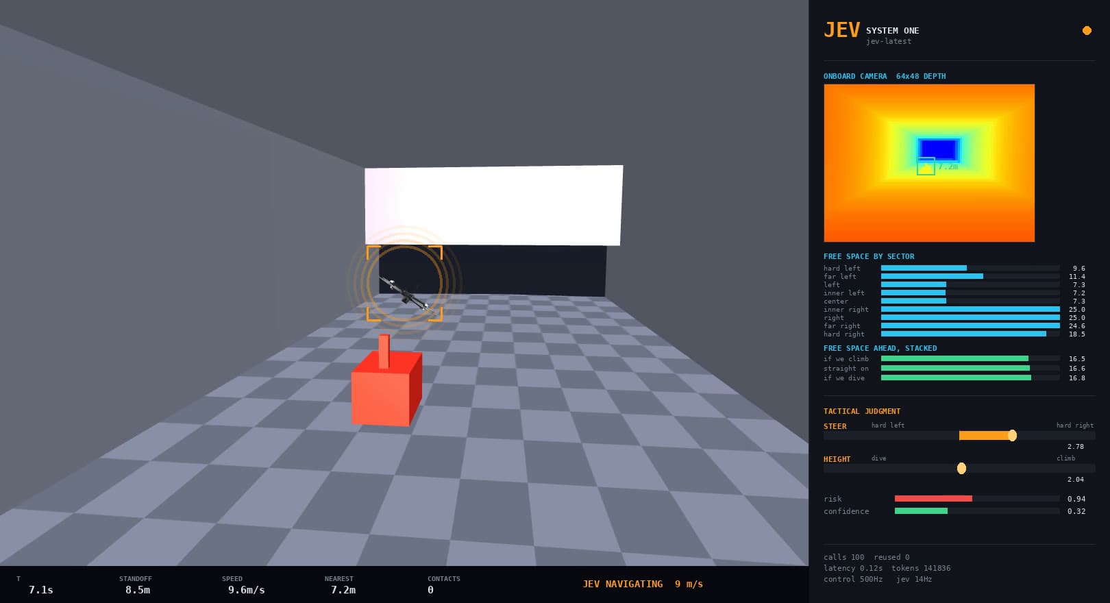 Drone chasing a red car toward a white obstacle in an enclosed tunnel, with steer and height score sliders on the Jev panel
